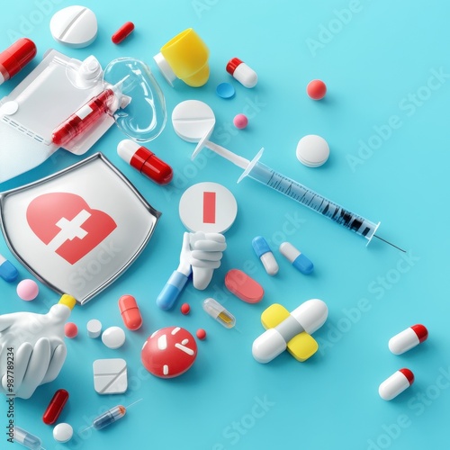 A collection of colorful pills, syringes, and medical items scattered on a blue background, symbolizing healthcare and pharmaceuticals.