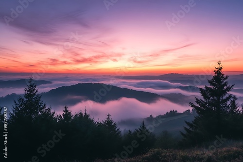 Misty mountain landscape with pink and purple sunset sky, nature photography