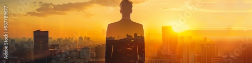 cityscape at sunset with businessman double exposure effect representing success and dual identity photo