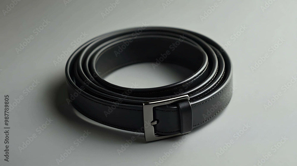 A black leather belt with a silver buckle on a gray background. A black leather belt with a silver buckle on a gray background.