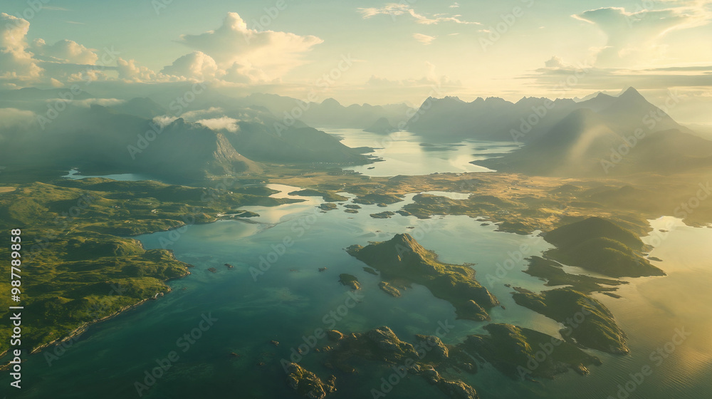 Fototapeta premium Aerial view of beautiful islands and blue sea at Lofoten in Norway