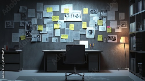 Evidence room office with detective board and desk, crime scene photos and case files on walls. Empty police inspector archive space with crime suspects, witness statements and sticky notes. 