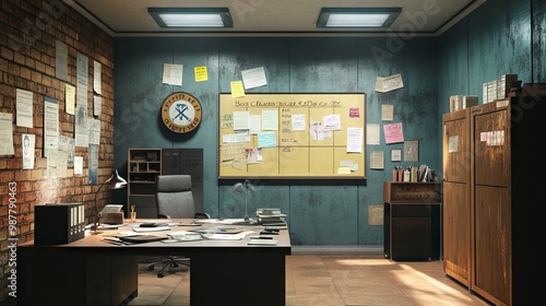 Evidence room office with detective board and desk, crime scene photos and case files on walls. Empty police inspector archive space with crime suspects, witness statements and sticky notes. 