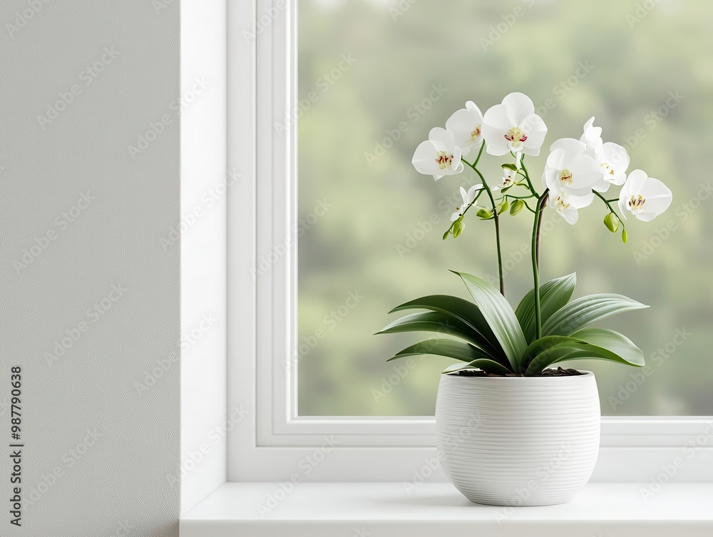 An elegant orchid plant with delicate flowers, resting on a windowsill, surrounded by greenery An elegant orchid plant with delicate flowers, resting on a windowsill, surrounded by greenery