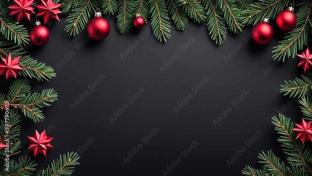 A festive arrangement of pine branches and ornaments creating a holiday-themed border. A festive arrangement of pine branches and ornaments creating a holiday-themed border.
