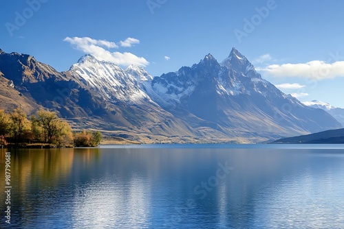 Stunning mountain range reflected in tranquil lake water