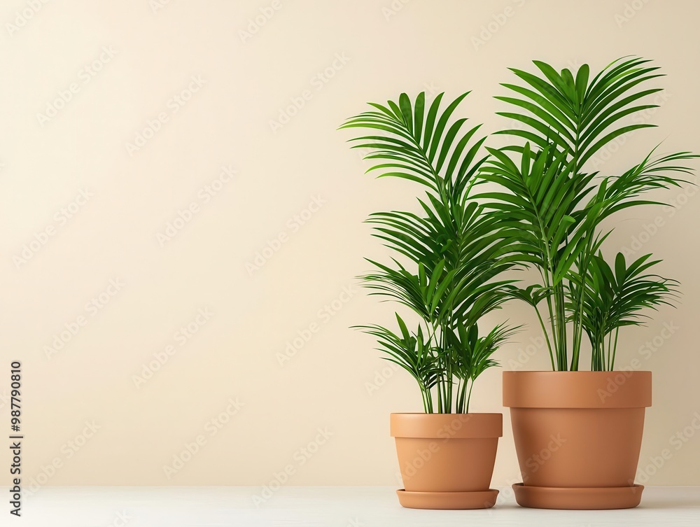 An arrangement of potted palms of various sizes, bringing a touch of the tropics indoors An arrangement of potted palms of various sizes, bringing a touch of the tropics indoors