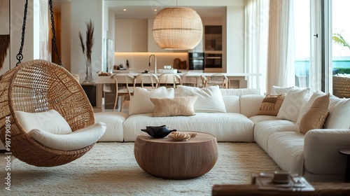 Luxurious living room featuring plush armchairs, an elegant sofa, and a stylish hanging basket chair, creating a serene and sophisticated ambiance.  photo