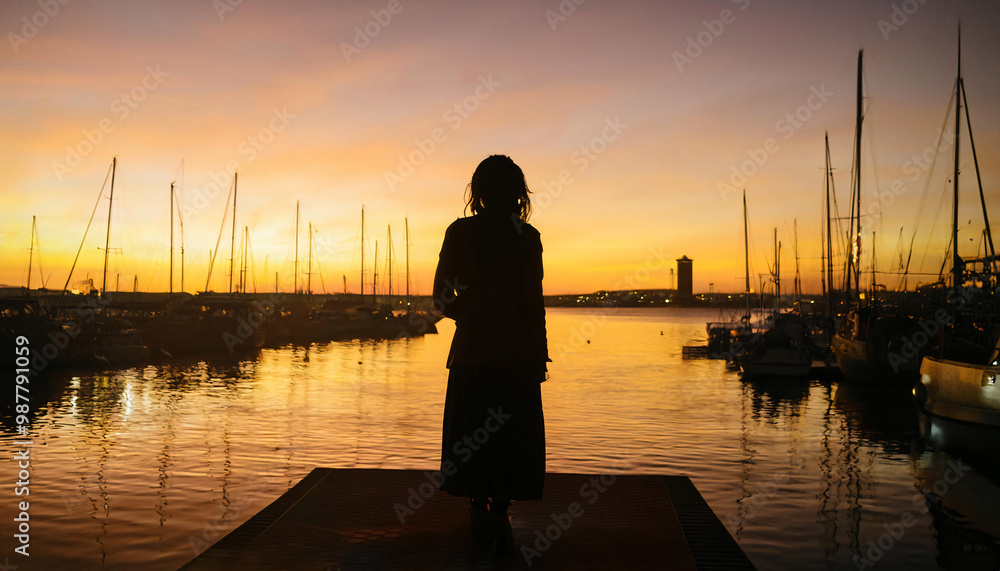 Fototapeta premium Silhouette of Person Against a Sunset Harbor Skyline