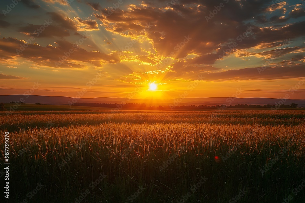 Obraz premium Golden Sunset over a Field of Grass and Water