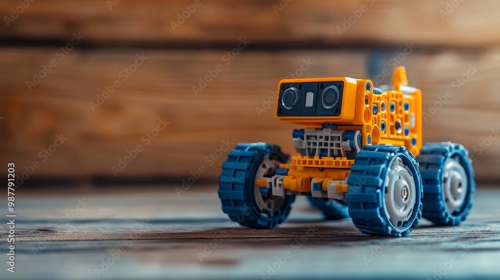 Fototapeta premium A bright robotic toy explores its surroundings with excitement in a playful space