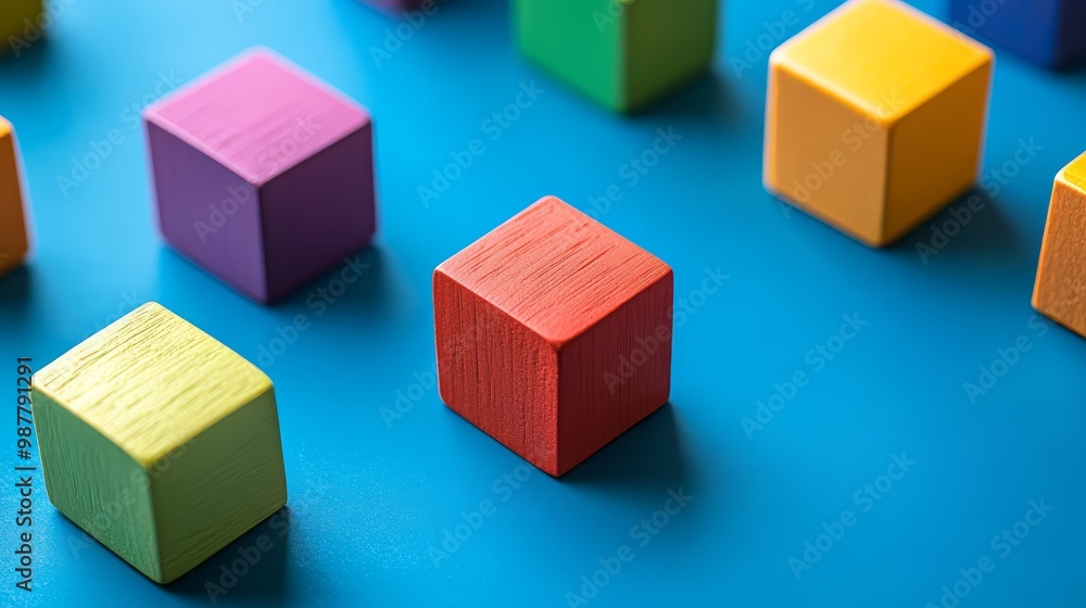 A variety of bright blocks encourages imaginative play and interactive learning on blue A variety of bright blocks encourages imaginative play and interactive learning on blue
