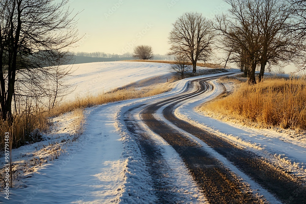 Winding country road through snowy landscape with trees and hills. Winter landscape photography. Winding country road through snowy landscape with trees and hills. Winter landscape photography.