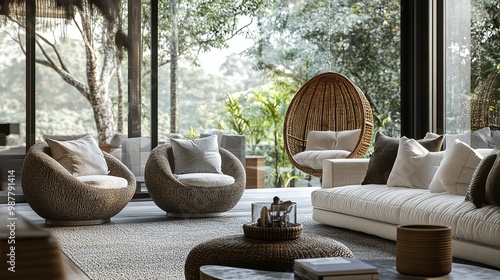 Luxurious living room featuring plush armchairs, an elegant sofa, and a stylish hanging basket chair, creating a serene and sophisticated ambiance.  photo