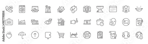 Online storage, Puzzle and Pin line icons. Pack of Swipe up, Workflow, Approved agreement icon. Timer, Lips, Creative design pictogram. Seo shopping, Umbrella, Internet. Calendar. Line icons. Vector