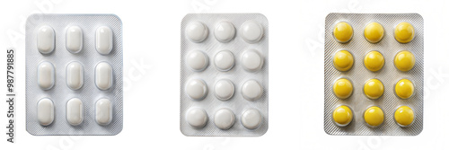 The image shows three blister packs containing various pills: two packs with white tablets and one with yellow tablets. Isolated on transparent or white background.