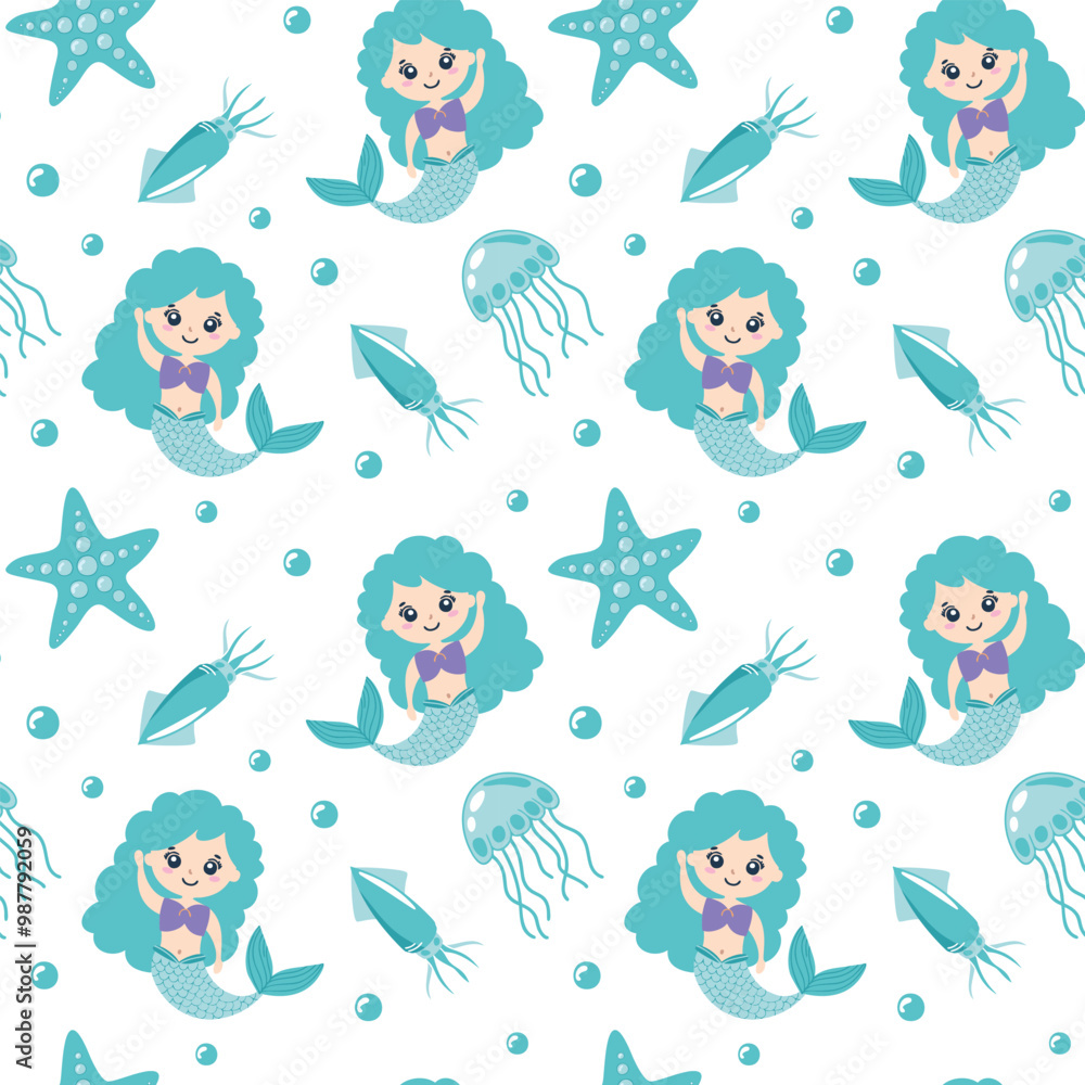 Obraz premium Cute Mermaid with Starfish, Squid, and Jellyfish Seamless Pattern, Vector Illustration for Kids Fashion, Greeting Cards, T-shirt, Textile Prints, and Wallpapers