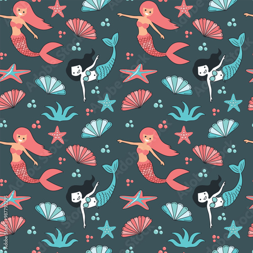 Cute Mermaid Seamless Pattern Design, Vector Illustration for Kids Fashion, Books, Greeting Cards, T-shirt, Textile Prints, Wallpapers