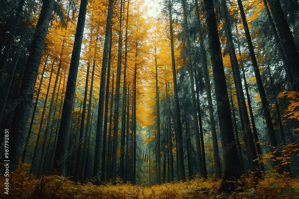 Sun shining through autumn forest trees Sun shining through autumn forest trees