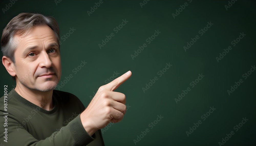A middle-aged man pointing his finger against a dark green background A middle-aged man pointing his finger against a dark green background