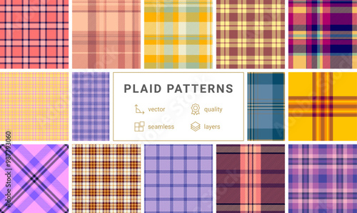 Geometric plaid patterns in trendy colors, great for textile designs, fabric prints, or stylish clothing material.