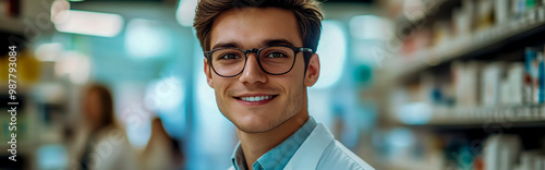 A handsome young man wearing glasses and a white lab coat stands in the background photo