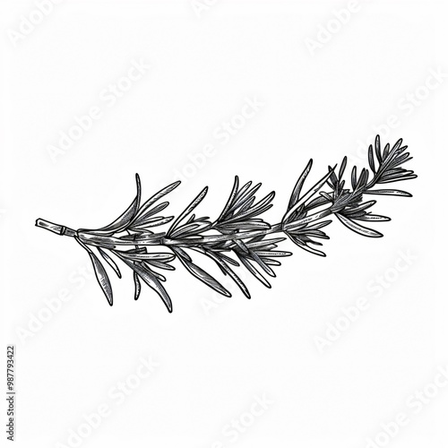 Hand-drawn black and white illustration of a sprig of rosemary.