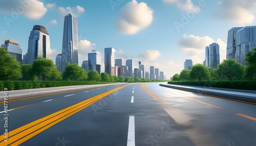 Futuristic cityscape with empty roads showcasing Double Eleven e-commerce theme in 3D rendering