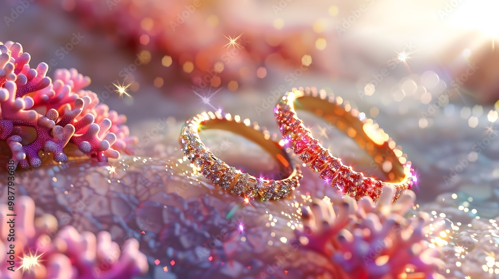 Sparkling coronary rings in sunshine seated on a coral ground Sparkling coronary rings in sunshine seated on a coral ground