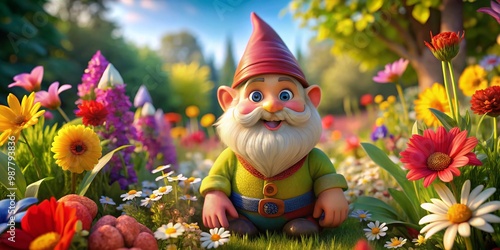 Whimsical Cartoon Garden Gnome Surrounded by Colorful Flowers in a Cheerful Outdoor Setting