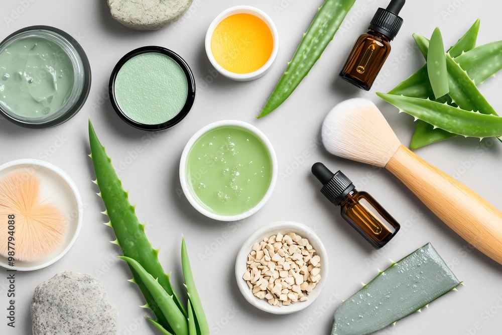 A flat lay of organic beauty products, featuring natural ingredients like aloe vera, essential oils, and clay masks