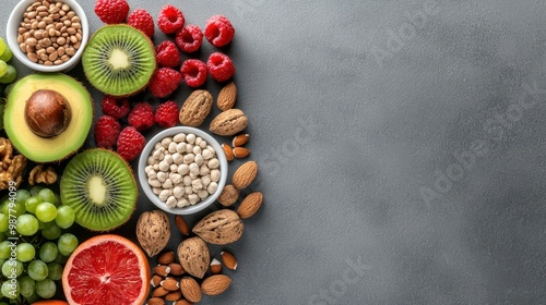 Colorful assortment of fresh fruits and nuts arranged on a gray background, perfect for healthy eating themes.