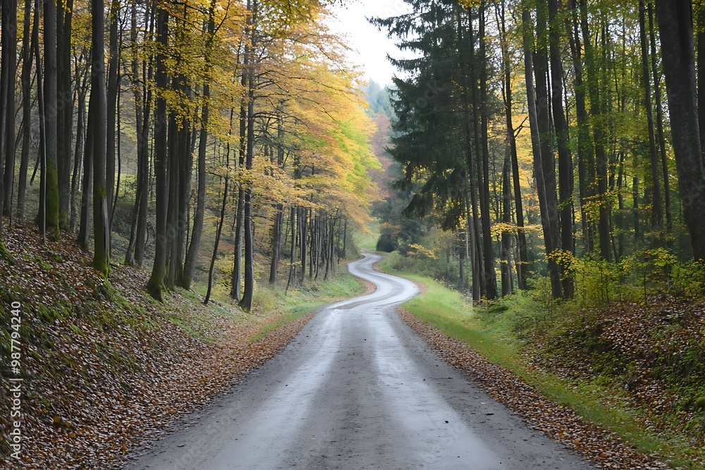 Fototapeta premium Winding Forest Road with Autumn Foliage