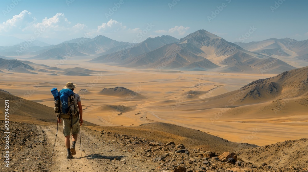 Solo hiker with backpack exploring a vast desert landscape with mountains in the background under a clear blue sky. Solo hiker with backpack exploring a vast desert landscape with mountains in the background under a clear blue sky.