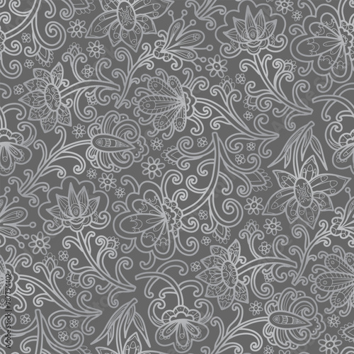 Boho style grey floral ornament, grey background. Seamless floral pattern-417.