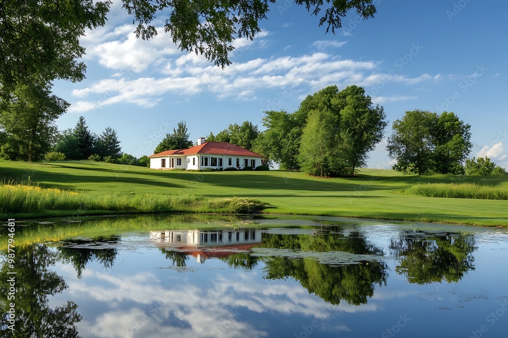 Countryside House with Red Roof Reflected in Pond Countryside House with Red Roof Reflected in Pond