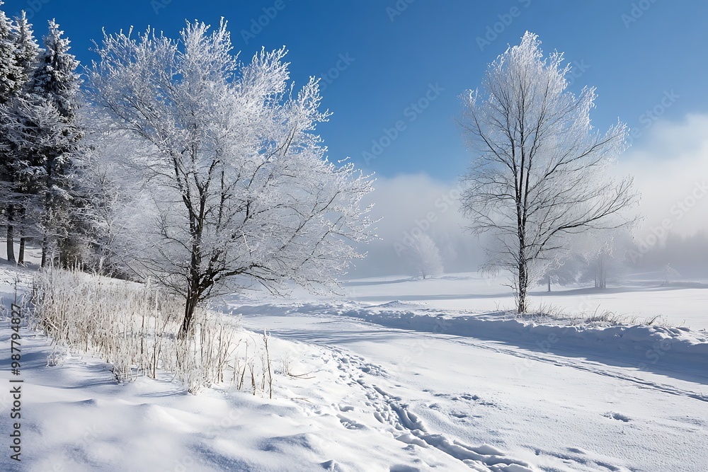 Snowy winter landscape with frosted trees, blue sky, and road in the distance Snowy winter landscape with frosted trees, blue sky, and road in the distance