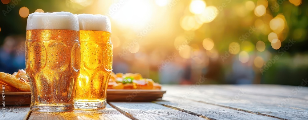 Wheat beer steins lined up on wooden tables Wheat beer steins lined up on wooden tables