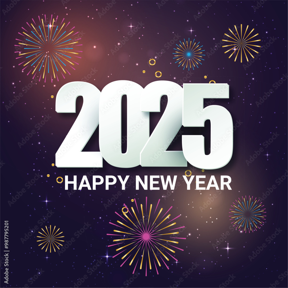 Fototapeta premium Happy New Year 2025 cover. Golden numbers with Christmas decoration and confetti on dark blue background. Holiday greeting card for your design.