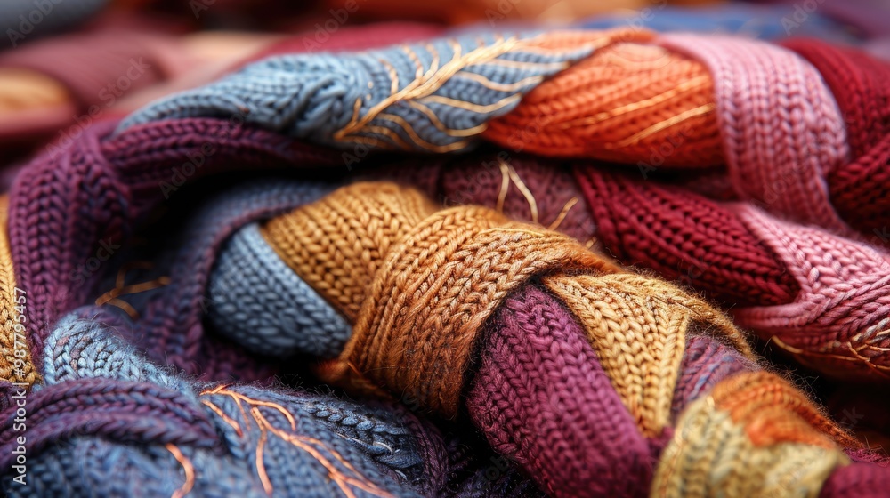 Scarf with elaborate cable knit designs in dark burgundy and gold, showing a detailed close-up of the texture and pattern. Scarf with elaborate cable knit designs in dark burgundy and gold, showing a detailed close-up of the texture and pattern.