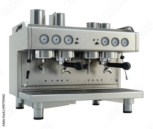 Modern Silver Baristas Espresso Machine with Multiple Dials and Steam Wands photo