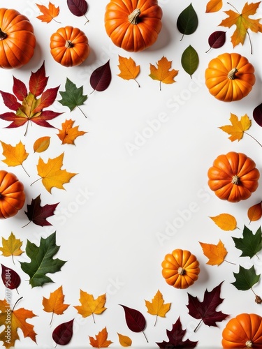 A festive arrangement of pumpkins and autumn leaves on a white background.