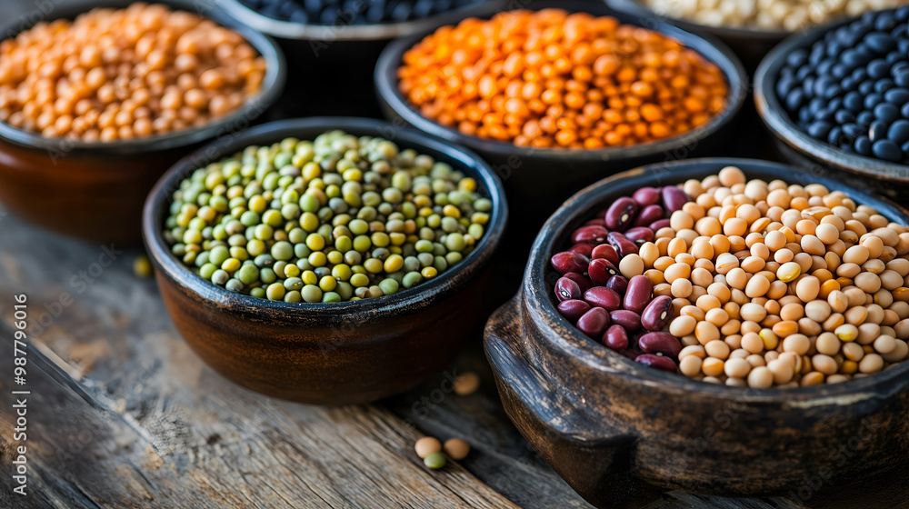 A vibrant display of various pulses--lentils, chickpeas, black beans, and kidney beans on a rustic wooden table. World pulses Day.
A vibrant display of various pulses--lentils, chickpeas, black beans, and kidney beans on a rustic wooden table. World pulses Day.