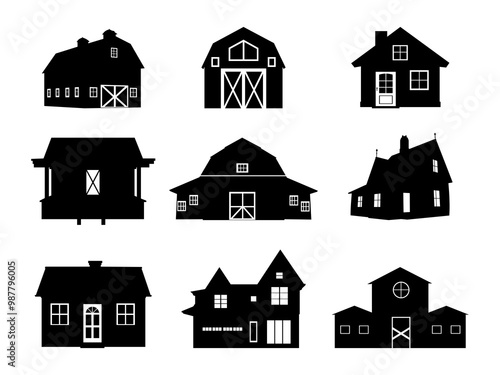 Set of Farm House Silhouette in various poses isolated on white background