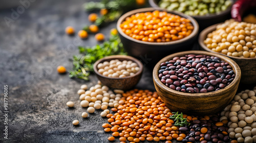  A vibrant display of various pulses--lentils, chickpeas, black beans, and kidney beans on a rustic wooden table. World pulses Day.