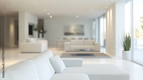 Stunning minimalist living room design with blurred background. Ultra-modern interior featuring bright white tones and contemporary furnishings, perfect for showcasing luxury. 