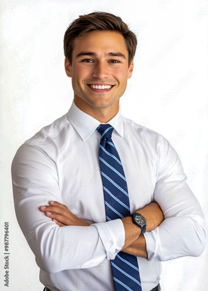 A handsome young businessman in a white shirt and blue striped tie, smiling with arms crossed. A handsome young businessman in a white shirt and blue striped tie, smiling with arms crossed.