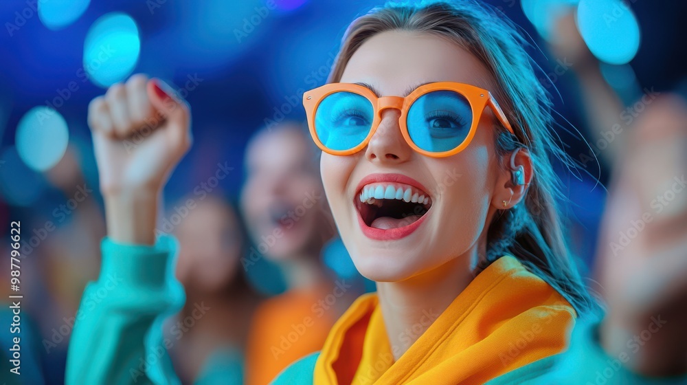 Happy Woman Wearing Sunglasses at a Music Festival Happy Woman Wearing Sunglasses at a Music Festival
