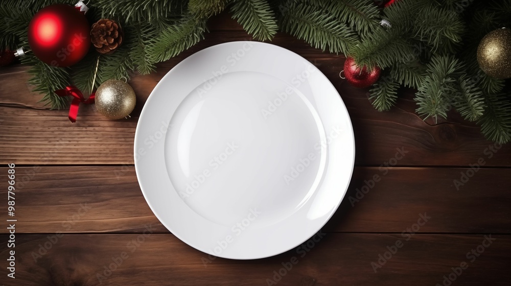 Elegant white plate on a rustic wooden table, surrounded by festive Christmas decorations and pine branches, ideal for holiday dining or seasonal celebrations. Elegant white plate on a rustic wooden table, surrounded by festive Christmas decorations and pine branches, ideal for holiday dining or seasonal celebrations.
