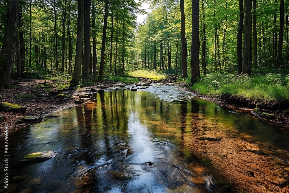 Fototapeta premium Tranquil Forest Creek, Lush Green Trees Reflecting in Still Water